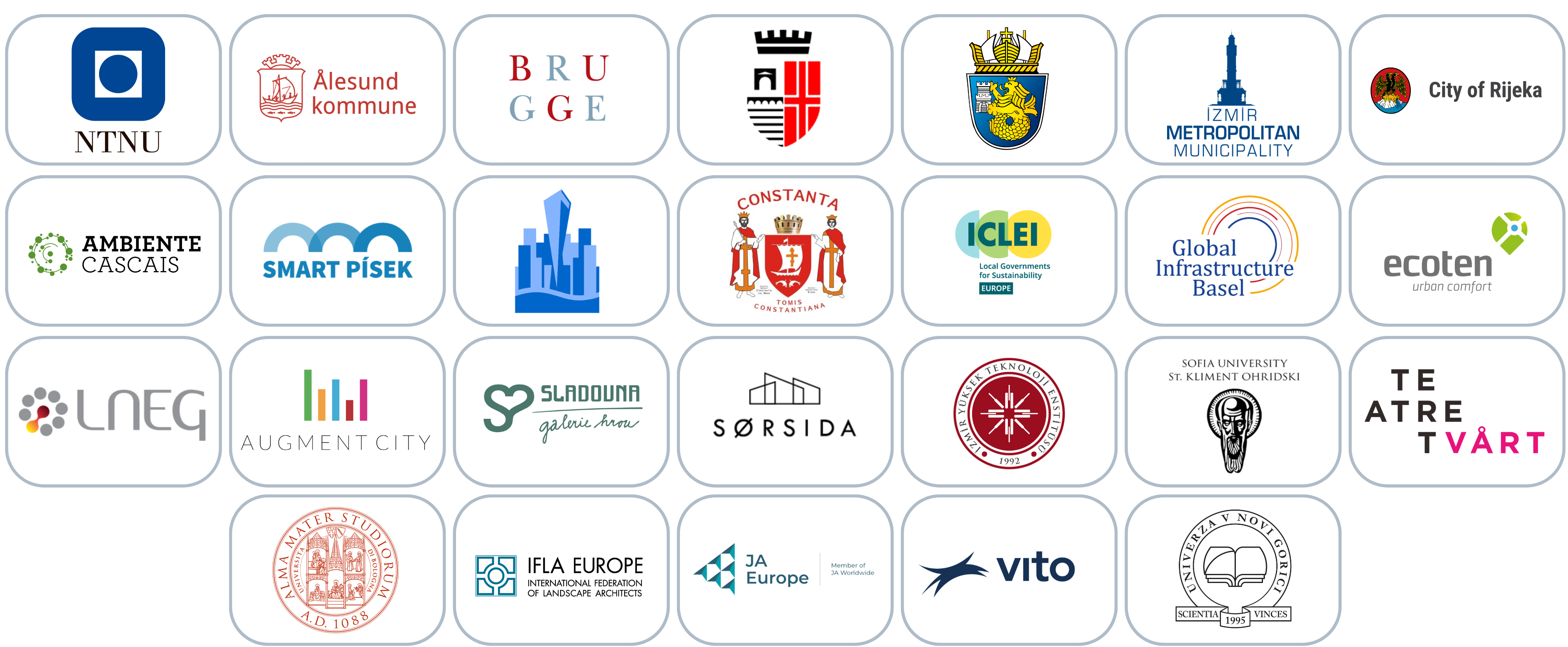 A picture with all the logos of the partners of Re-Value: ADI-ZMC, Alma Mater Studiorum-Università di Bologna, Augment City, Burgas Municipality, Cascais Ambiente, City of Bruges (Stad Brugge), City of Rijeka, Ecoten, GIB Foundation, ICLEI Europe, IFLA Europe, İzmir Metropolitan Municipality / acronym: IMM, IZTECH, JA Europe, LNEG, Municipality of Ålesund, Municipality of Rimini, NTNU Norway, Písek municipality, Sladovna Pisek, Sørsida, SU "St. Kliment Ohridski", Teatret Vårt, University of Nova Gorica, MUN