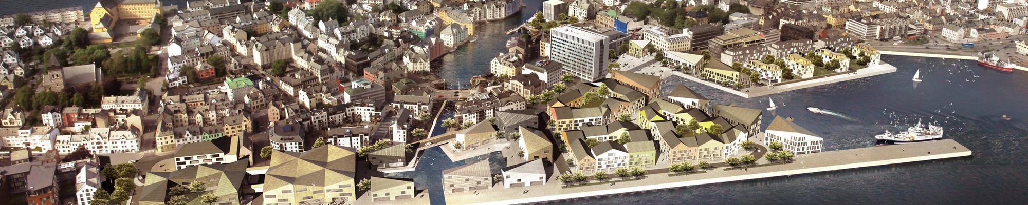 Interpretation of a possible future in Ålesund. The picture is a visualistion from above of how the Sørsida area might look in the future. It show the city of Ålesund and what appears to be a seriies of new buildings on the waterfront area.